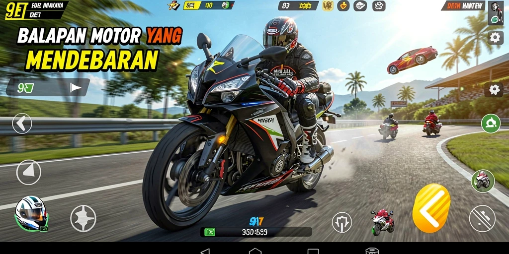 Screenshot gameplay 9ET menampilkan balapan motor yang seru.