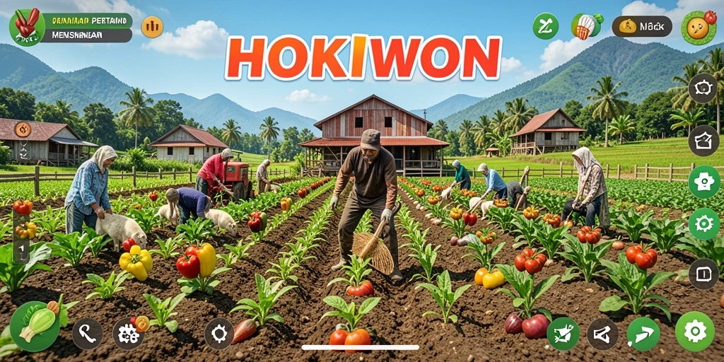 Tampilan gameplay seru dalam HOKIWON yang menampilkan aktivitas bertani.