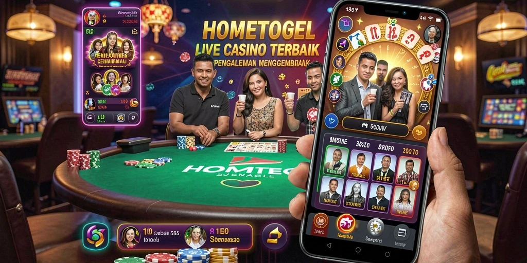 Screenshot HOMETOGEL menunjukkan dealer dan gameplay Live Casino yang menarik.