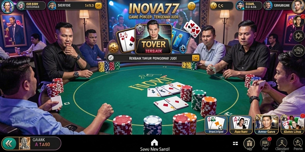 Screenshot utama INOVA77 menampilkan aksi permainan Poker yang mendebarkan.