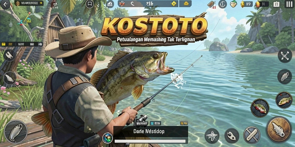 Tampilan gameplay <strong>KOSTOTO</strong> yang seru saat memancing di danau.
