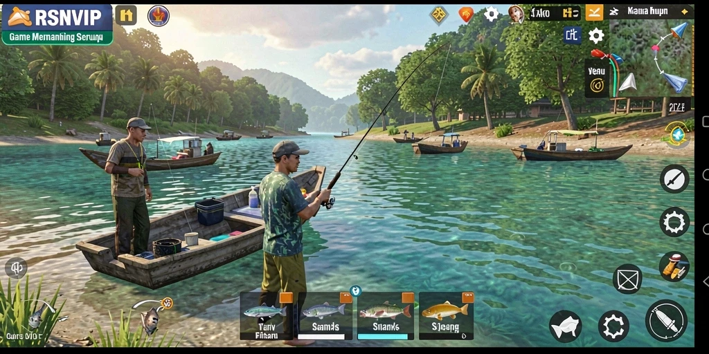 Tampilan gameplay RSNVIP yang memukau saat menangkap ikan di laut.