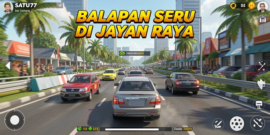 Tangkapan layar menunjukkan aksi balapan menegangkan di SATU77.